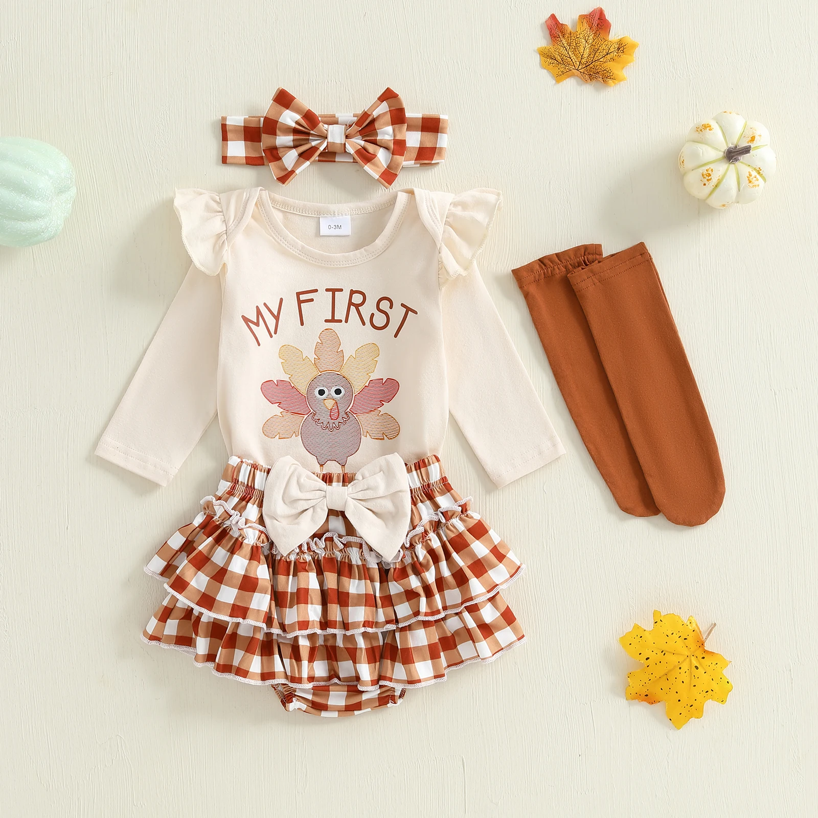 

Tregren Infant Newborn Baby Girls Thanksgiving Clothes, Long Sleeve Letters Turkey Print Romper with Plaid Shorts Headband Socks