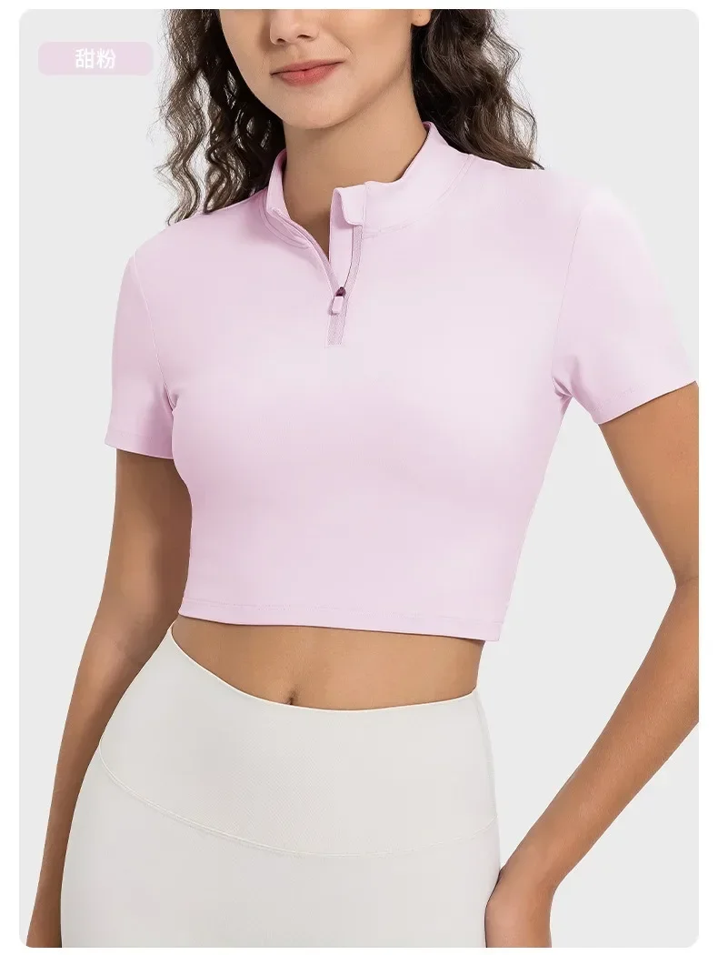 Lemon-Top deportivo de manga corta para mujer, ropa deportiva suave con cuello levantado y media cremallera para trotar al aire libre, ocio y viajes