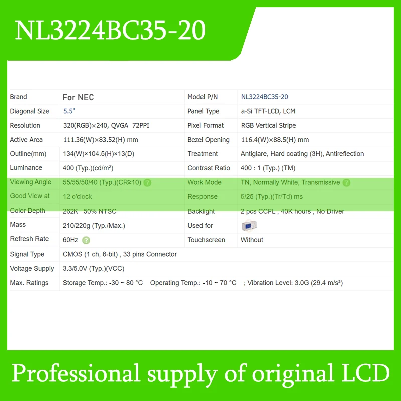 Imagem -05 - Painel de Exibição de Tela Lcd Original para Nec Nl3224bc3520 5.5 320x240 Novo 100 Testado