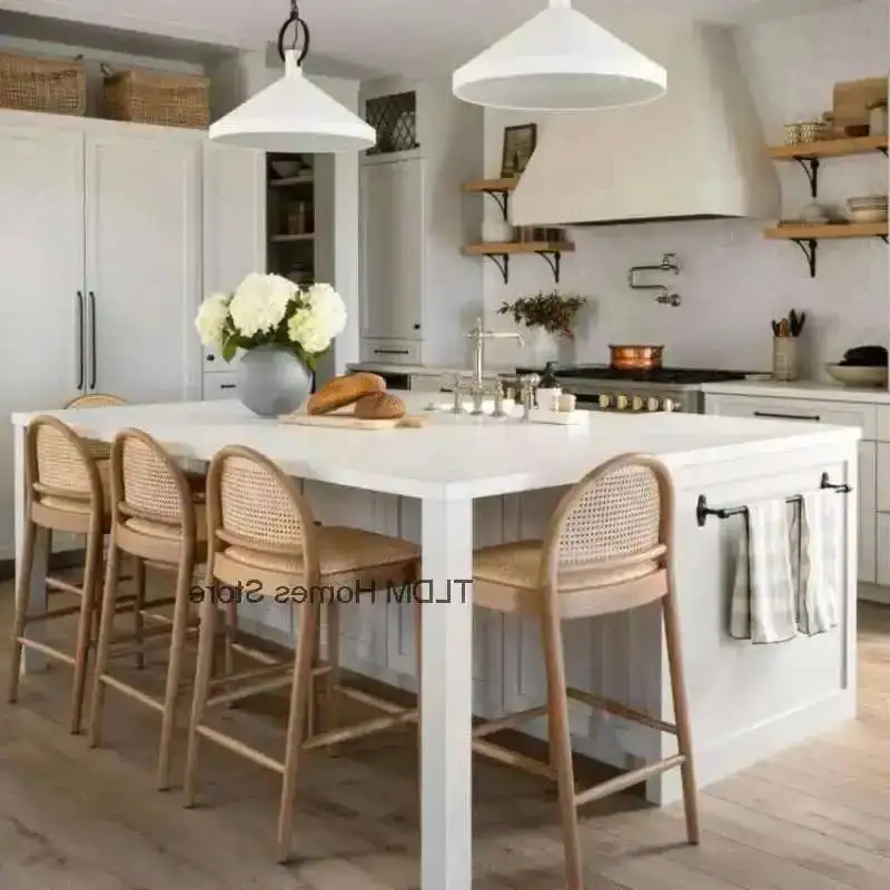 

Nordic Light Luxury Solid Bar Chair Wood Vine Weaving Modern Minimalist Home Bar Desk High Feet Bench Small Fresh Front Chair