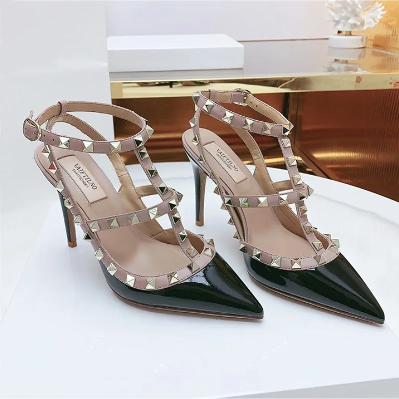 

2023 Genuine Leather Black Roman Women's High Heel Sandals Brand Riveted Pointed Feet Bare Belt Thin Pumps Ladies Sandals 33-41