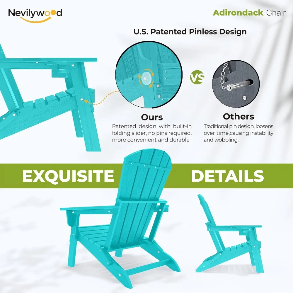 nevilywood Folding Adirondack Chair - Extended Ergonomic Backrest, Cup Holder - Easy Assembly - Durable HDPE Plastic, Weather