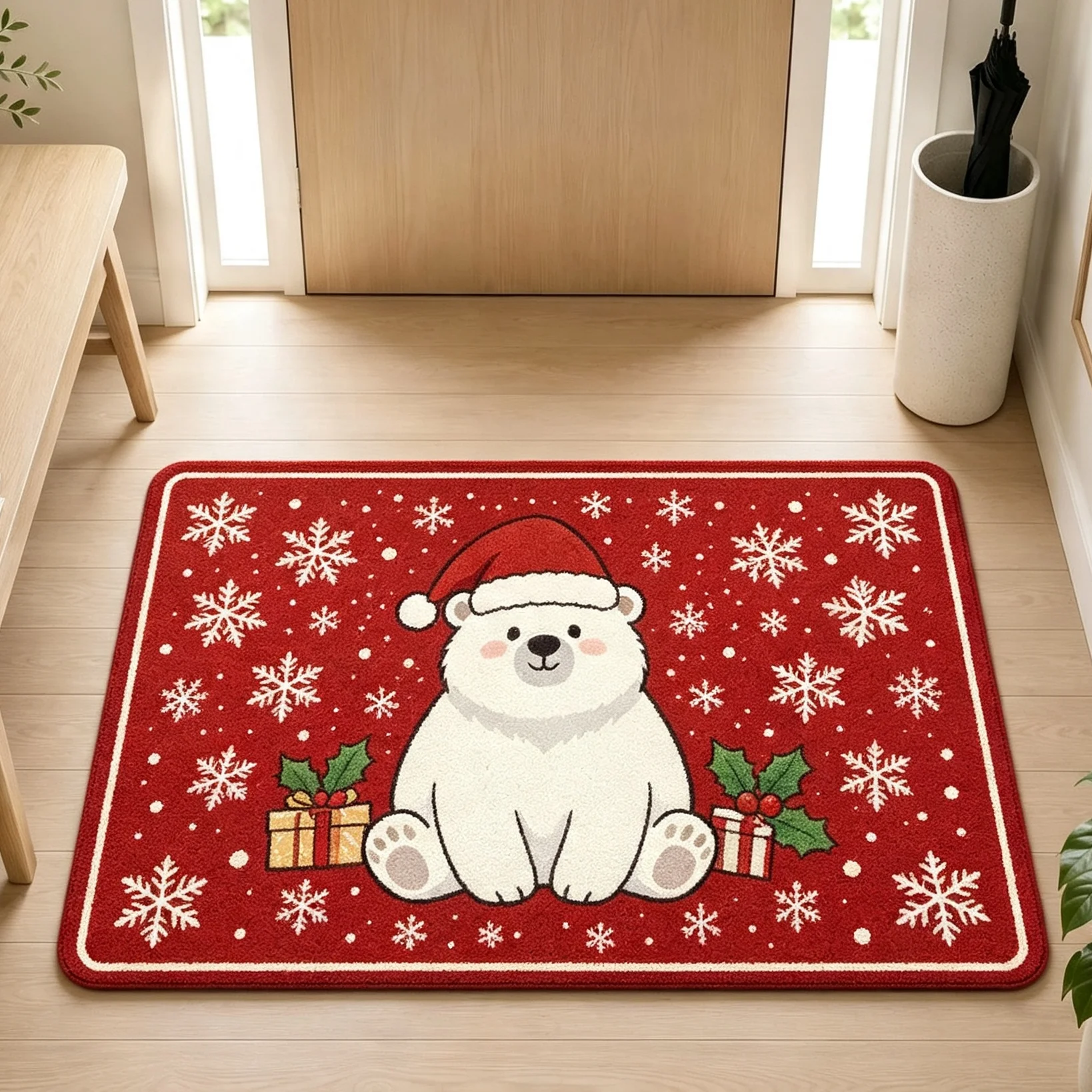 Classic Wreath Bell Berry Deep Red Background Doormat For Cozy Home Entrance Traditional Blessing Design