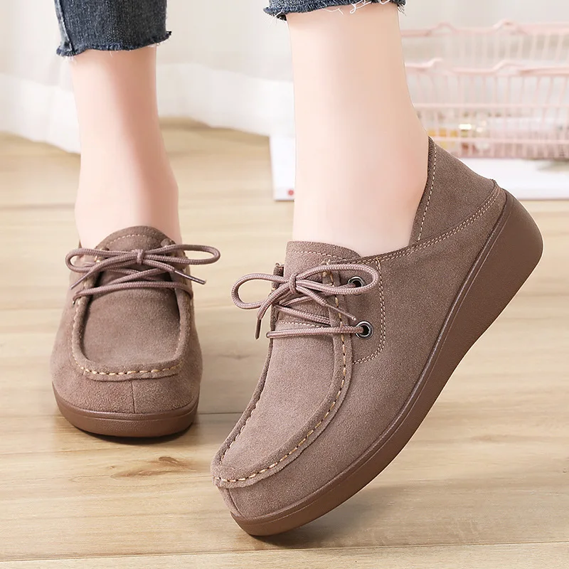 

Women's new genuine leather korean style versatile lace-up platform rocker shoes autumn thick sole wedge heel casual women's fla