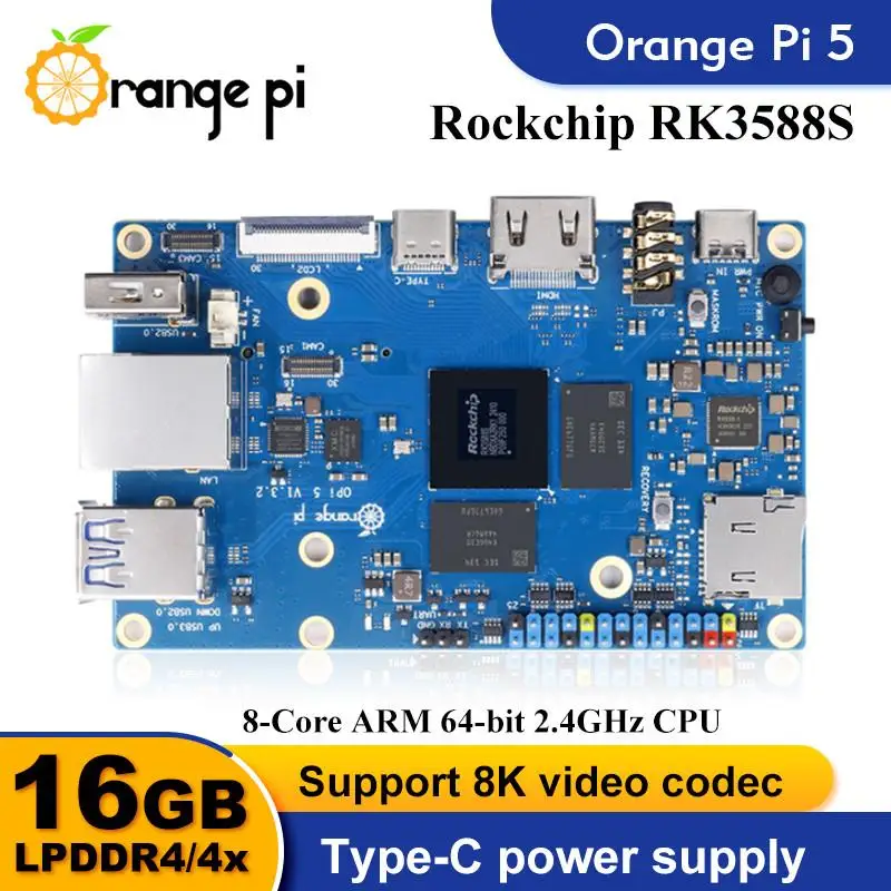 New! Orange Pi 5 16GB RAM Single Board Computer RK3588S PCIE Module External WiFi+BT SSD 8K Orange Pi5 Development Board Run