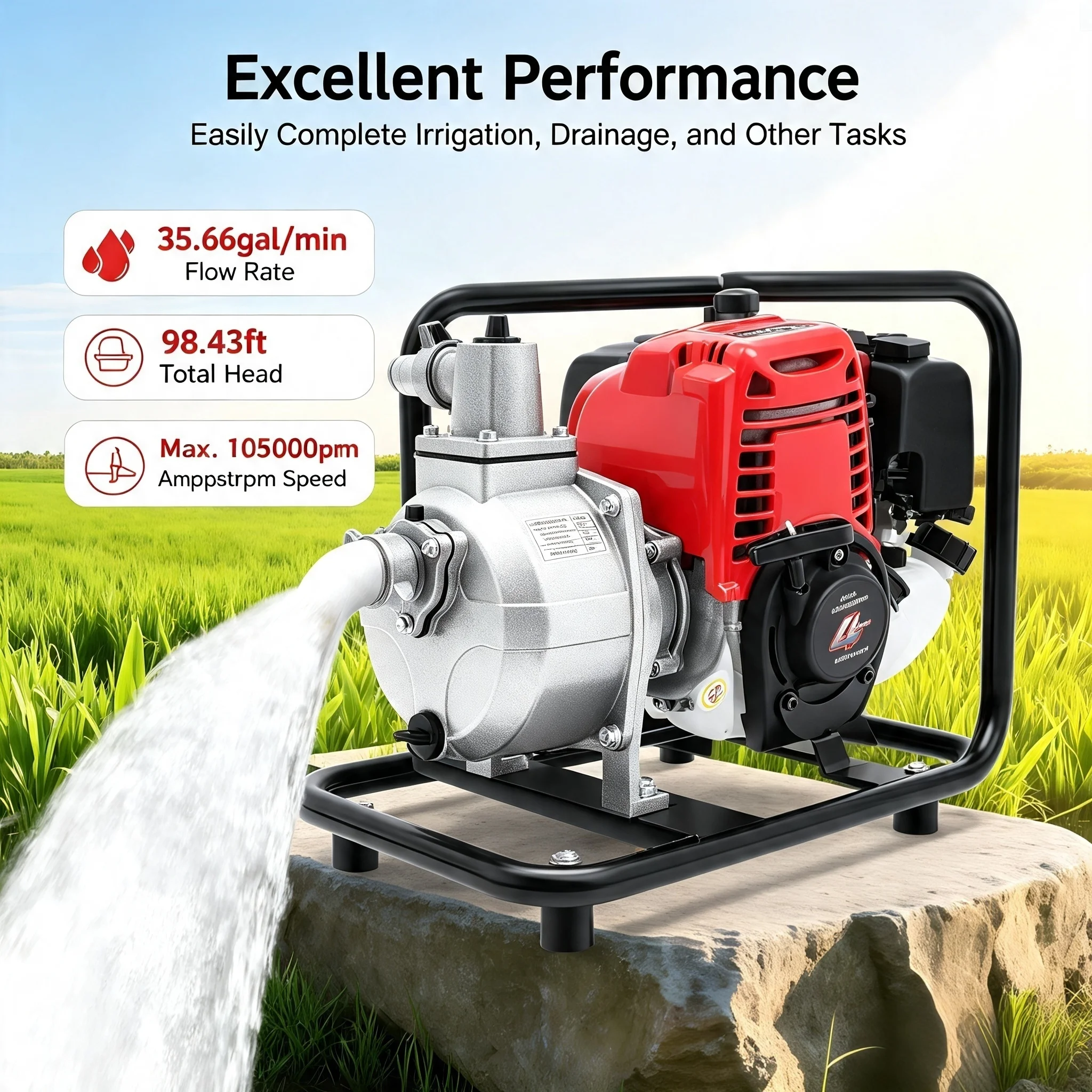4-Stroke Gasoline Powered Water Pump 38CC 1.2KW Portable Self Priming Gasoline Engine Water Pump For Farm Irrigation Garden Drainage Fire Rescue