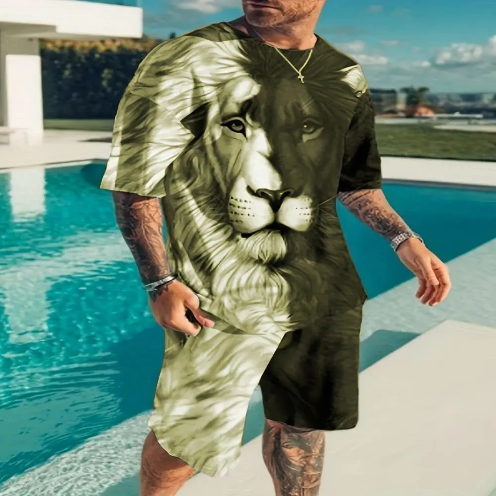 3D printed lion Men's short-sleeved shorts two-piece suit  Summer Men Sets 3d Tracksuit Oversized Fashion Clothes For