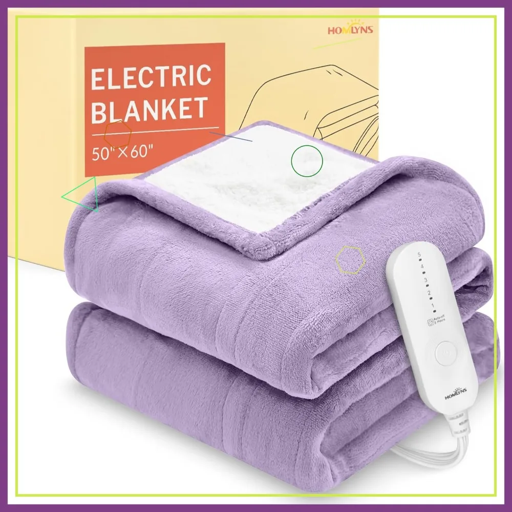 

Мягкий фланелевый плед с подогревом и 5 уровнями нагрева, таймером на 3 часа и автоматическим отключением, фиолетовый (50x60 дюймов)