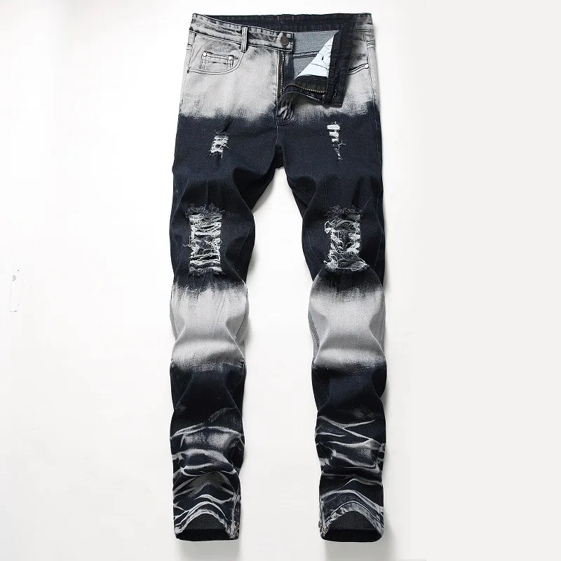 

Men's Fashionable Ripped Denim Jeans mid Waist Straight Leg Zipper Decorative Elastic Cuff Casual Wear Spring Summer Autumn