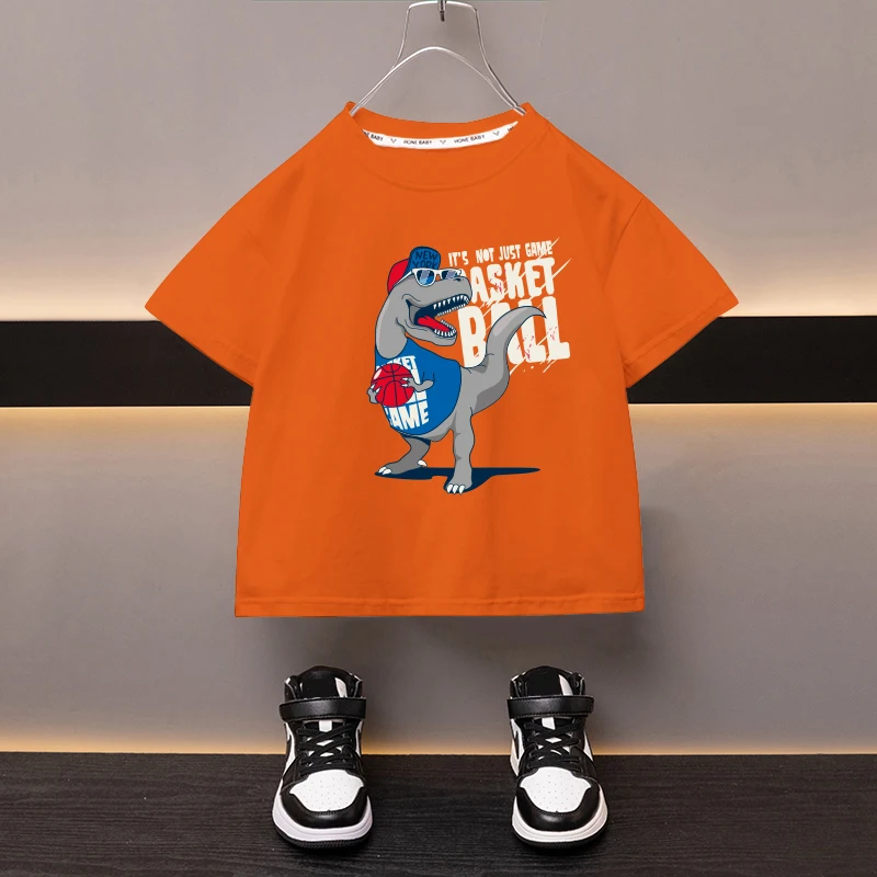 Dinosaur Boys Girls T-shirt Children's Cotton Cartoon Top Children's Breathable Sweat Wicking Sports Shirt Trendy Graphic Tees