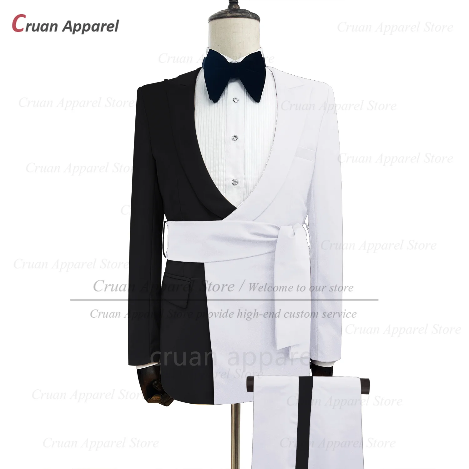 Fashion Black White Splicing Suit Sets For Men Evening Dinner Custom Slim Fit Blazer Pants 2 Pieces Homecoming Formal Outfits