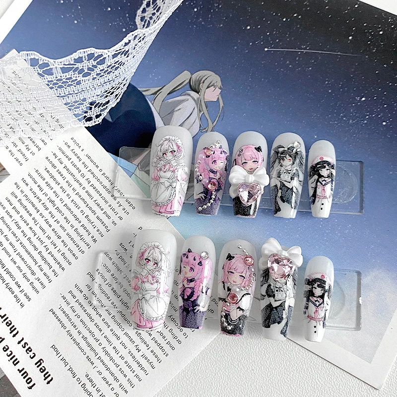 10 Stück handgefertigte, sargförmige Nägel, schöne Kunstnägel, niedliche Anime-Maid-Nagelkunst, Loli-Muster, geeignet für Frauen. – Detail 2