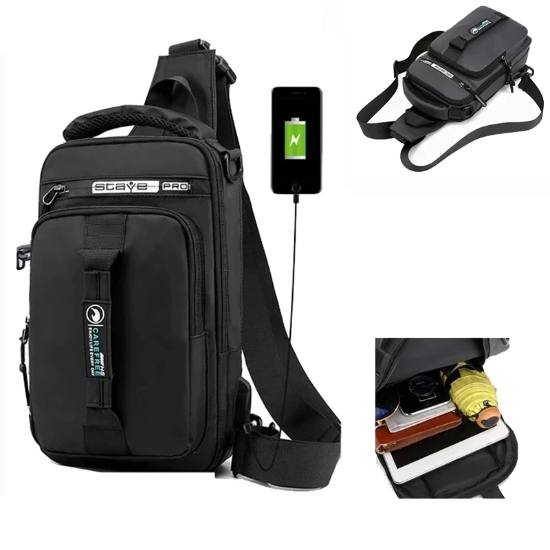 Men's Waterproof Travel USB Sports Running Multifunction Shoulder Cross Body Sling Chest Bags Crossbody Messenger Pack for Male