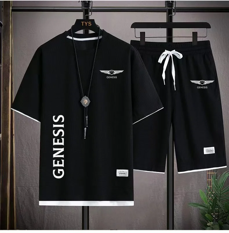 

2025 New Genesis Sports Fashion Casual Men's Set Summer Korean Men's Short Sleeve T-shirt+Five Cent Shorts Two Piece Set