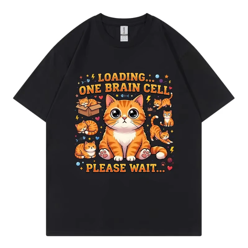 Loading One Brain Cell Funny Cat Meme T-shirts Men Women Fashion Cartoon Short Sleeve T Shirt Summer Casual Loose Cotton T-shirt