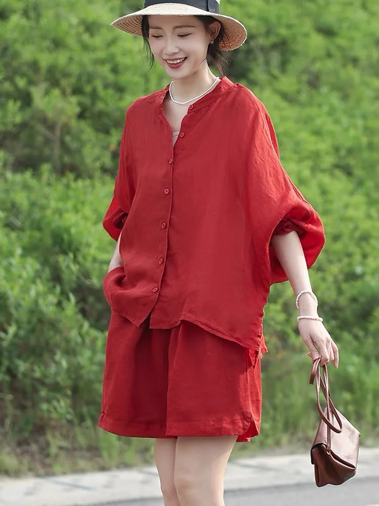 

Vintage Summer Ramie Outfits Loose Casual Shorts Suit Women Solid Blouse And Wide Leg Shorts Two Piece Sets Sun Protection N774