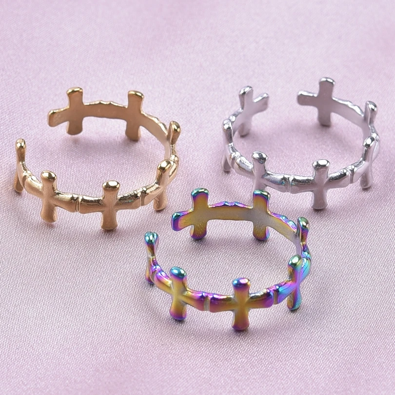 

New Minimalist Crosses Splice Design Rings For Women Men Stainless Steel Vintage Religious Cross Open Rings Fashion Jewelry Gift