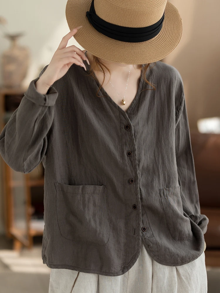 

Camiyu Linen Cotton Open Cardigan Women's Summer Thin Loose Casual Long Sleeve Shirt Top V-neck Breathable Comfortable