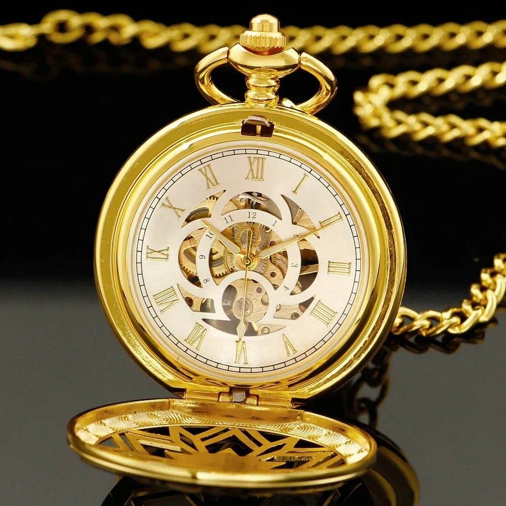 Luxury Gold Mechanical Pocket Watch With FOB Chain Hand Wind Skeleton Hollow Pocket Clock For Men Women Gift Box