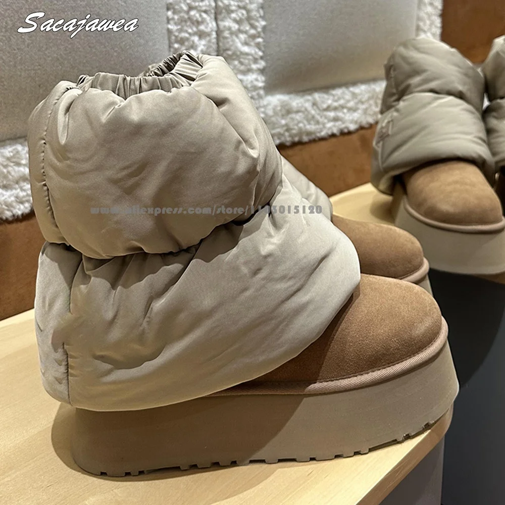 

Retro Cow Suede Drawstring Mid Calf Lady Snow Boots Size 35-39 All-Match Casual Boots Round Toe Platform Keep Warm Bread Shoes