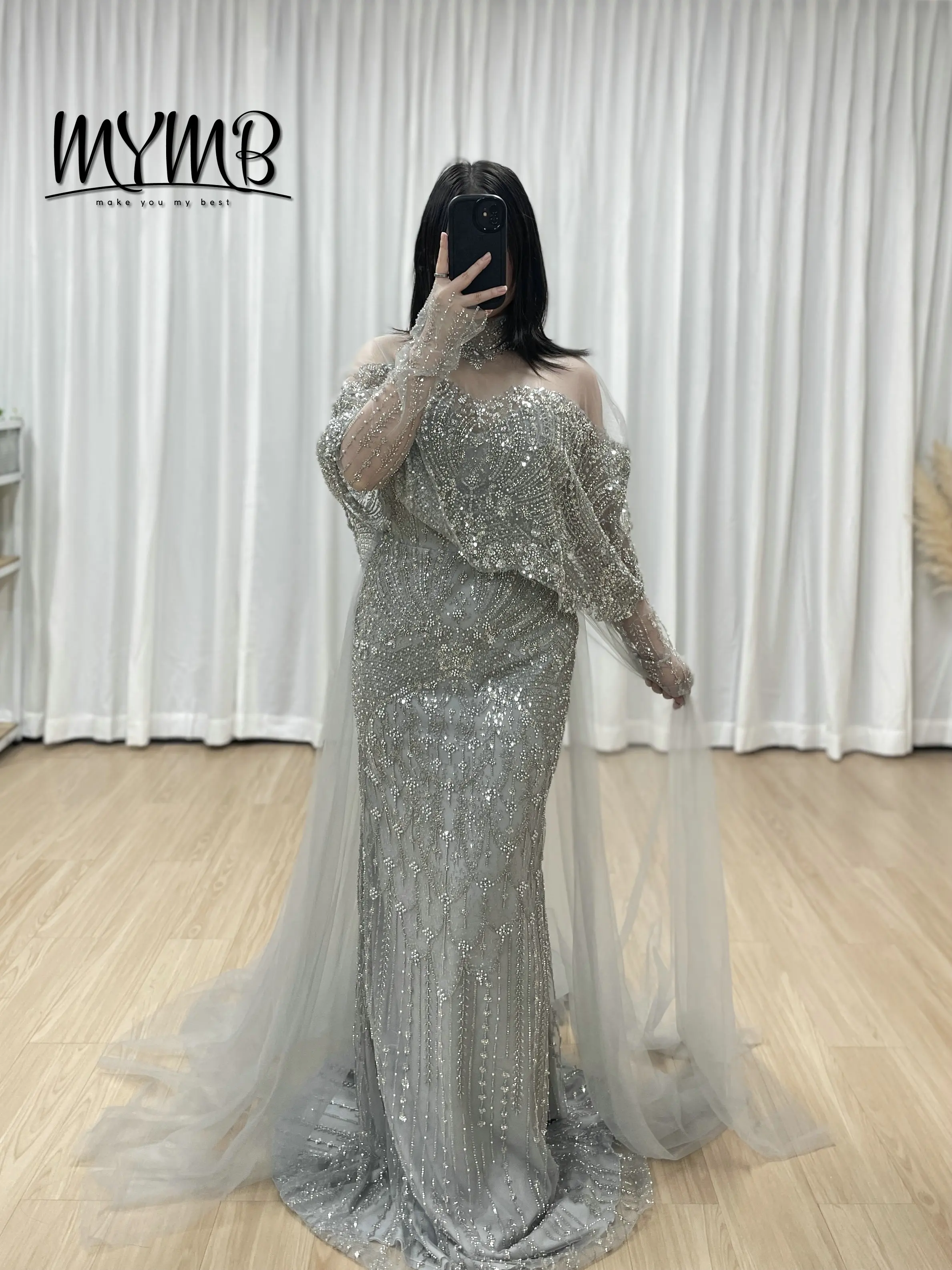 

Элегантное серое вечернее платье MYMB с накидкой, расшитое бисером и пайетками, с высоким воротником, в стиле Дубай, для торжественных мероприятий, модель MY30224