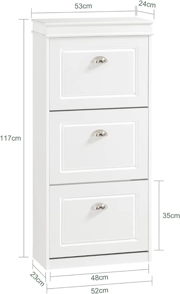 Haotian FSR94-W, White Shoe Cabinet with 3 Flip Drawers, Freestanding Shoe Rack, Shoe Rack with Hidden Drawer