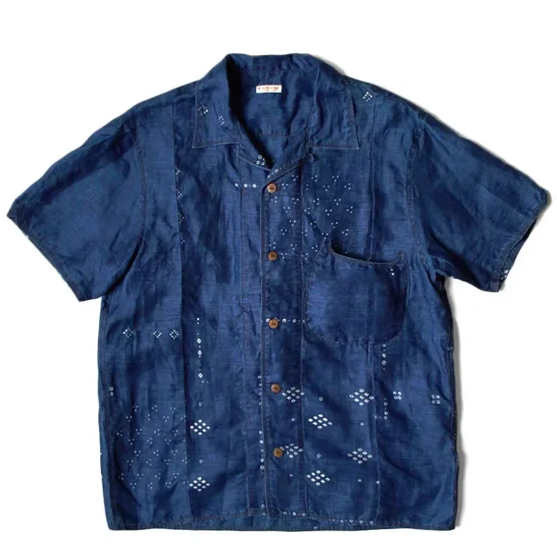 

KAPITAL Style Blue Dyed Tannin Denim Cotton Linen Print Stitching Japan Vintage Short Sleeved Men and Women Loose Shirt