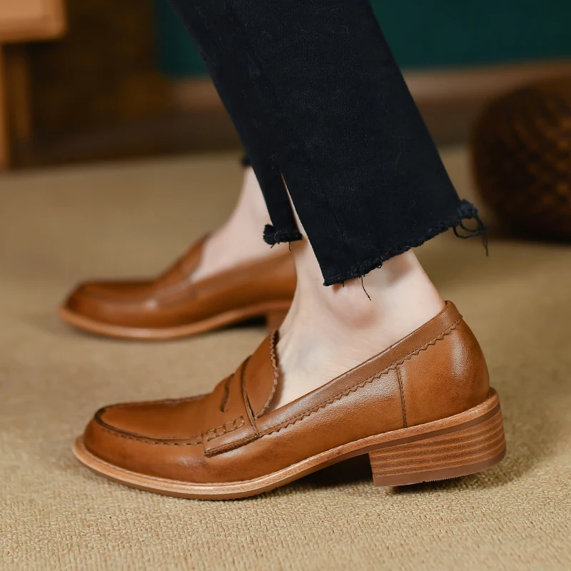 Women‘s Flats Cowhide Flat Shoes Vintage Casual Loafers Spring Autumn Slip On Women Simple Shoes Round Toe Daily Quality Flats