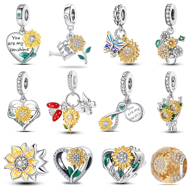 Fashion 925 Sterling Silver Heart-Shaped Golden Sunflower Charms Beads Fit Qikaola 925 Original Bracelet DIY Anniversary Jewelry