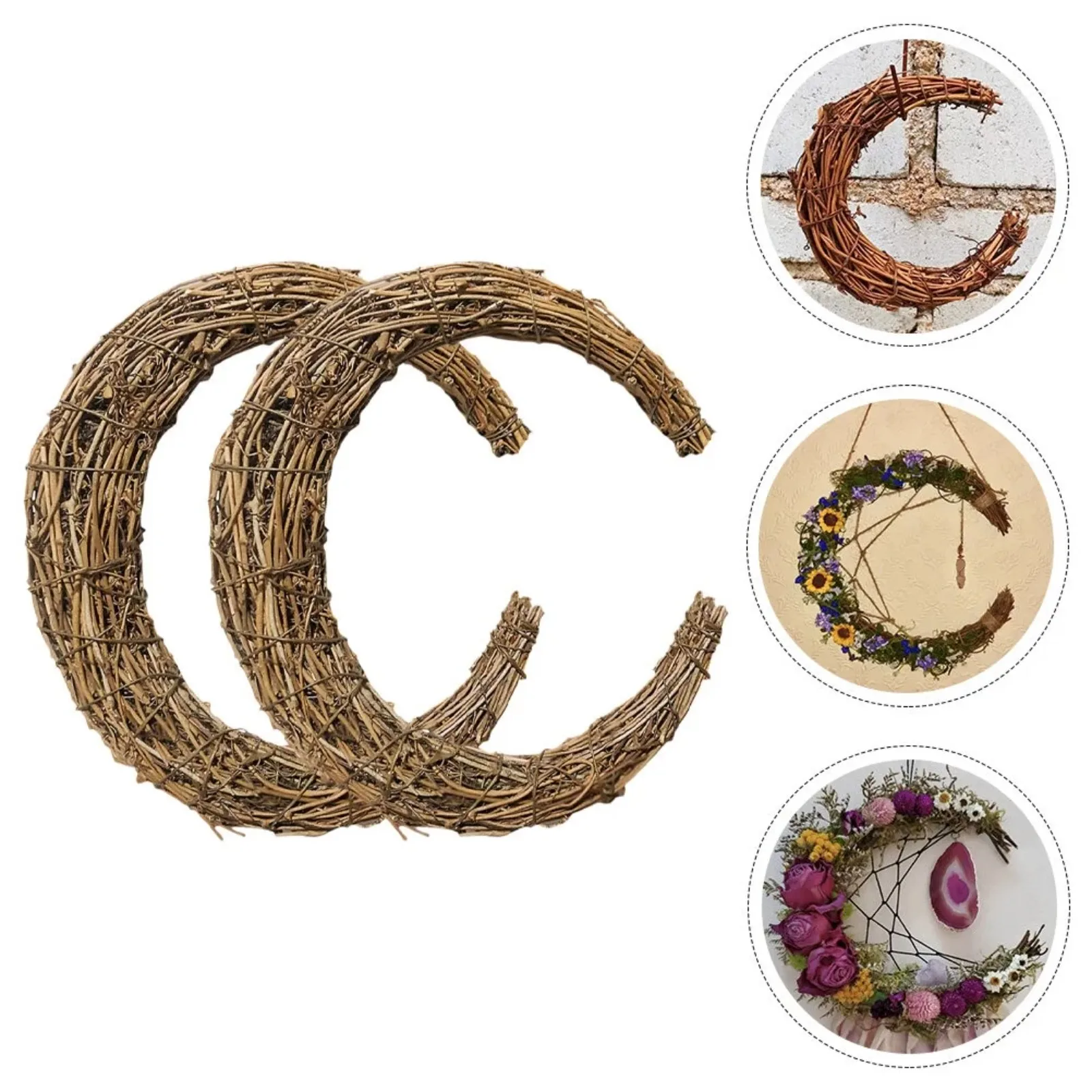 2pcs Moon Shape Wreath Rattan Diy Dried Wreath Rattan Wreath Vine Branch Garland Floral Hoop Ring Crafts Christmas Wedding