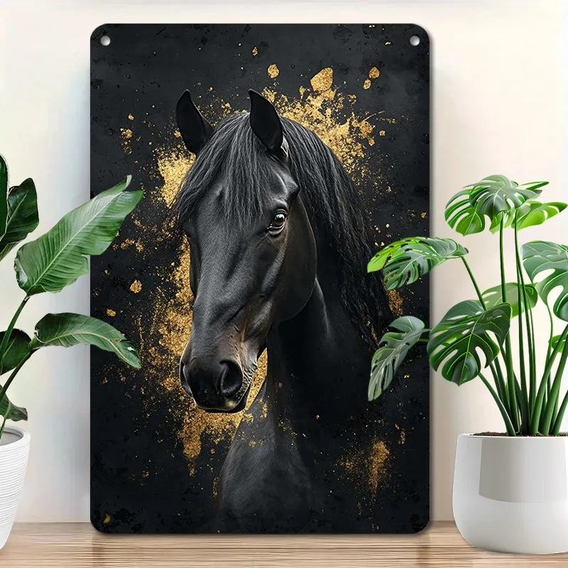 

Aluminum Metal Wall Art: Elegant Black Horse with Golden Accents, Ideal for Modern and Stylish Decor, 7.9x11.8" or 11.8x17.7"