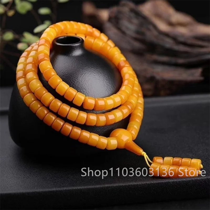 Old Beeswax 108 Beads Pendant Chicken Oil Yellow Amber Necklace Nectar Wax Pendant for Men and Women Gift Men Yellow Bangle