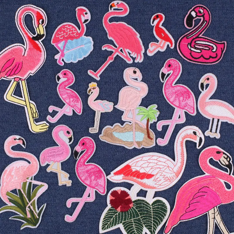 Iron on Pink Flamingo Embroidered Patches for Clothing Thermoadhesive Patch Badge Sewing Animal Stickers for Fabric Clothes Kids