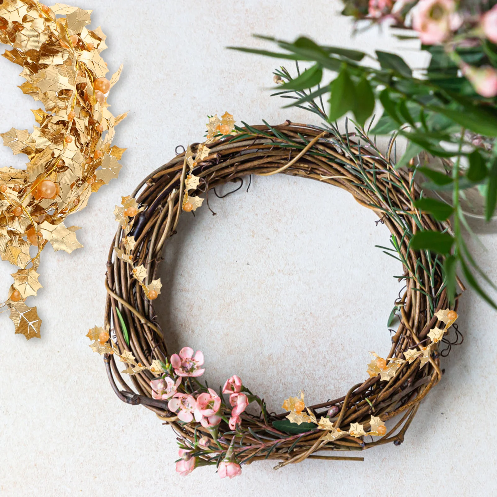 

5m Pearl Leaf Beaded Wreath Christmas Tree Decorations Faux Pearl Garland for Fall Mantle and Party Scenes Xmas Tree Bead String