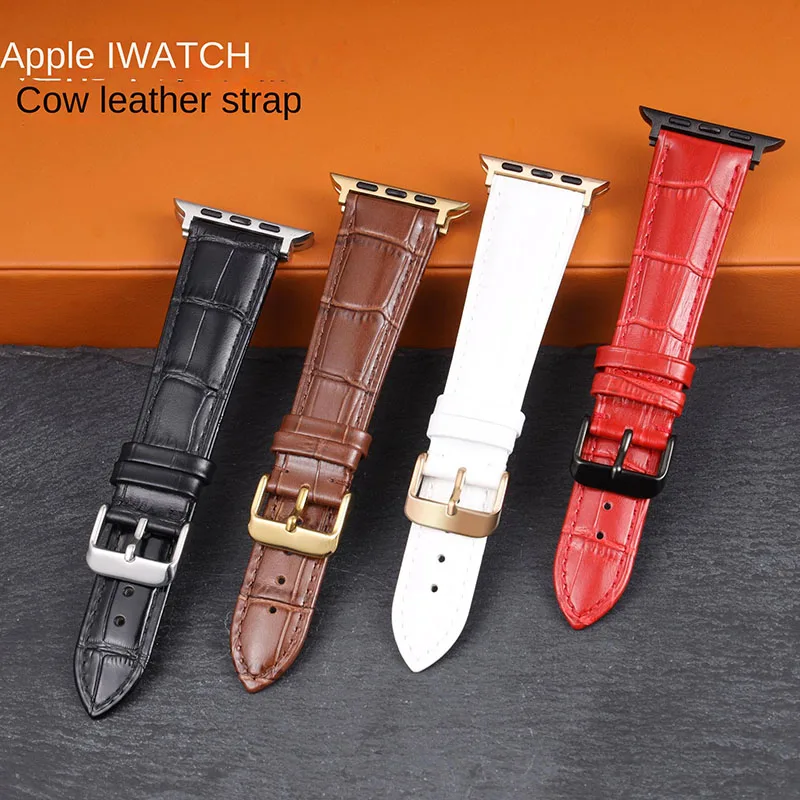 

Top Layer Cowhide Watchband for Apple Watch Series Ultra/9/8/7/SE/6/5/4/3 Bamboo Patterns Leather Strap 49/45/44/42mm 41/40/38mm