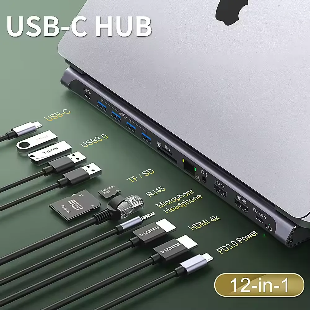 

12 in 1 4K@30Hz HD MI RJ45 Gigabit Ethernet Port USB3.0 TF/SD3.0 Card Reader PD3.0 3.5mm Audio Port Type C Docking Station
