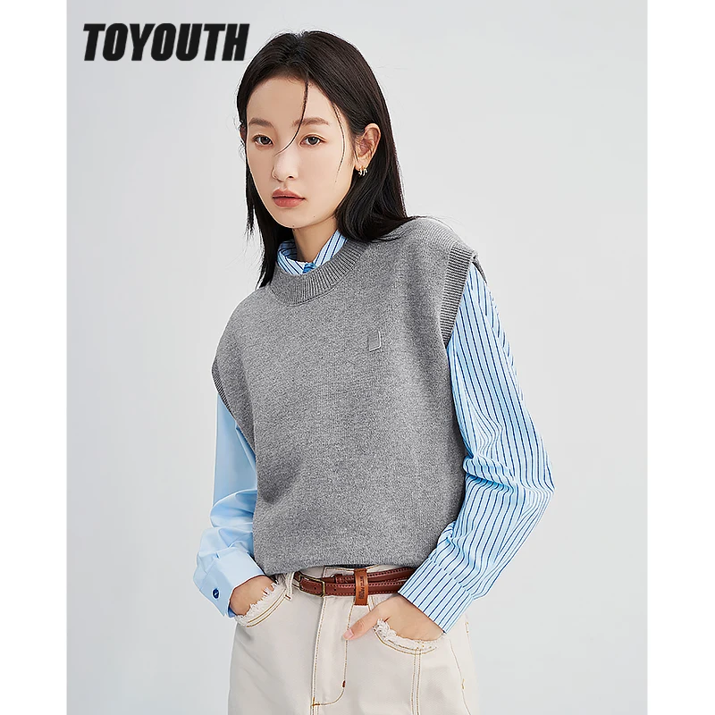 Toyouth Women Knitted Vest 2022 Winter Sleeveless O Neck Loose Sweaters Versatile Warm Chic Green Brown Gray Tops