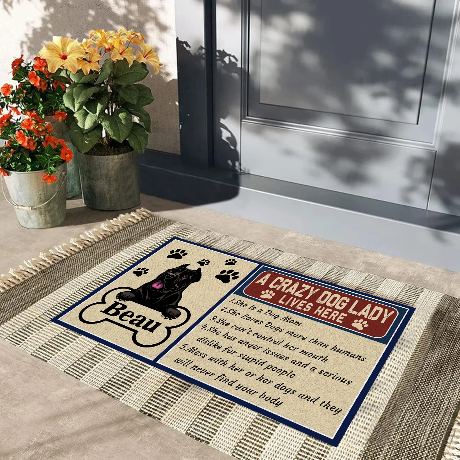 Customizable a Crazy Dog Lady Lives Here Doormat with Photo Name Non-Slip Rubber Backing Outdoor Entrance Decorative Rug