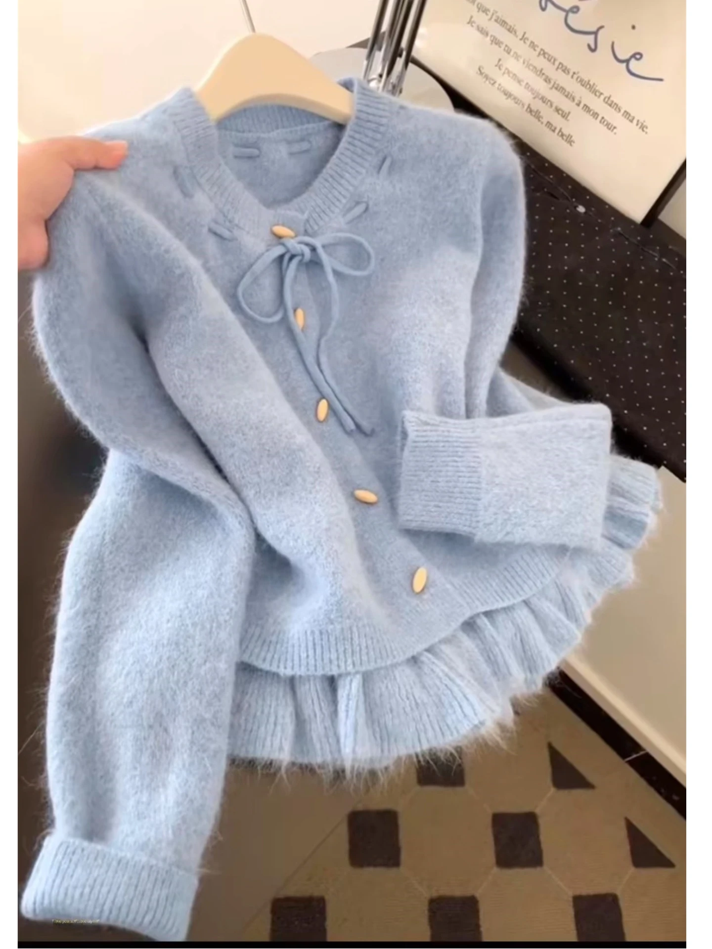 Loose Women's Knitted Cardigan Blue Bow Tie Spring Autumn New Style Casual Soft Long Sleeve round Neck Sweater Comfortable Fit