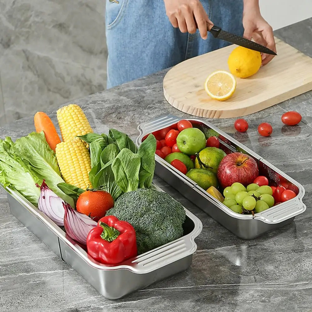 

Retractable Vegetables Drain Basket Thickened Drain Hole Bottom Extendable Dish Drainer Multipurpose Rectangular