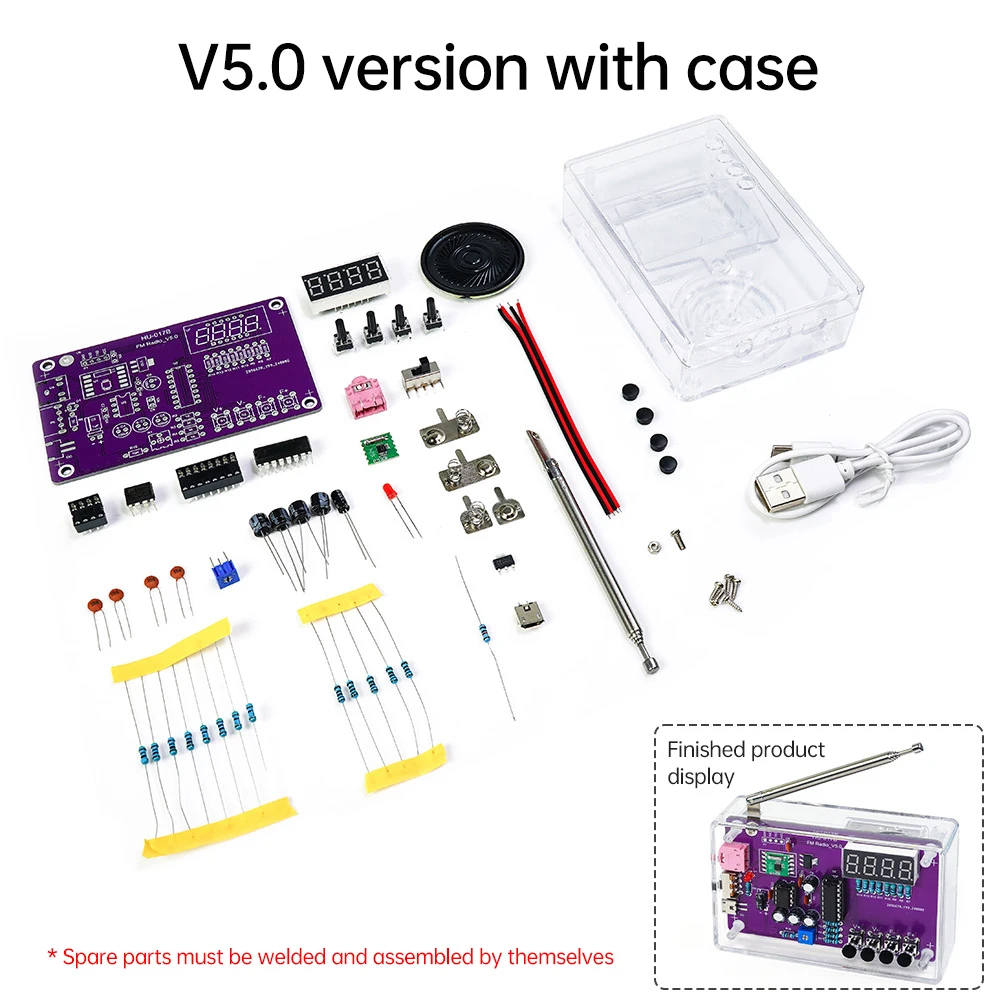 HU-017A/HU-017B Радиокомплект FM87-108 МГц V4.0/V5.0 Фиолетовый электронный комплект «сделай сам» с чехлом DC 3-5 В Зарядка RDA5807S Регулируемое радио