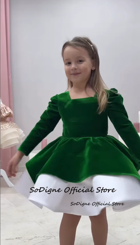 SoDigne A-Line กํามะหยี่/ซาตินมินิดอกไม้สาวชุดสแควร์คอแขนยาวอาหรับกระโปรงเด็กวันเกิดพรรคชุดที่กําหนดเอง