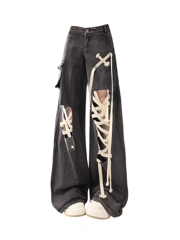 Women\'s Black Gothic Y2k Ripped Cargo Jeans Japanese 2000s Style Baggy Bandage Denim Trousers Jean Pants Vintage Trashy Clothes