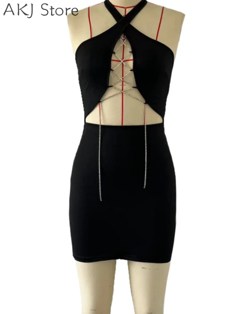 Sexy Bodycon Dress for Women Summer Backless Cut out Chain Halter Collar Club Cocktail Party Mini Dress