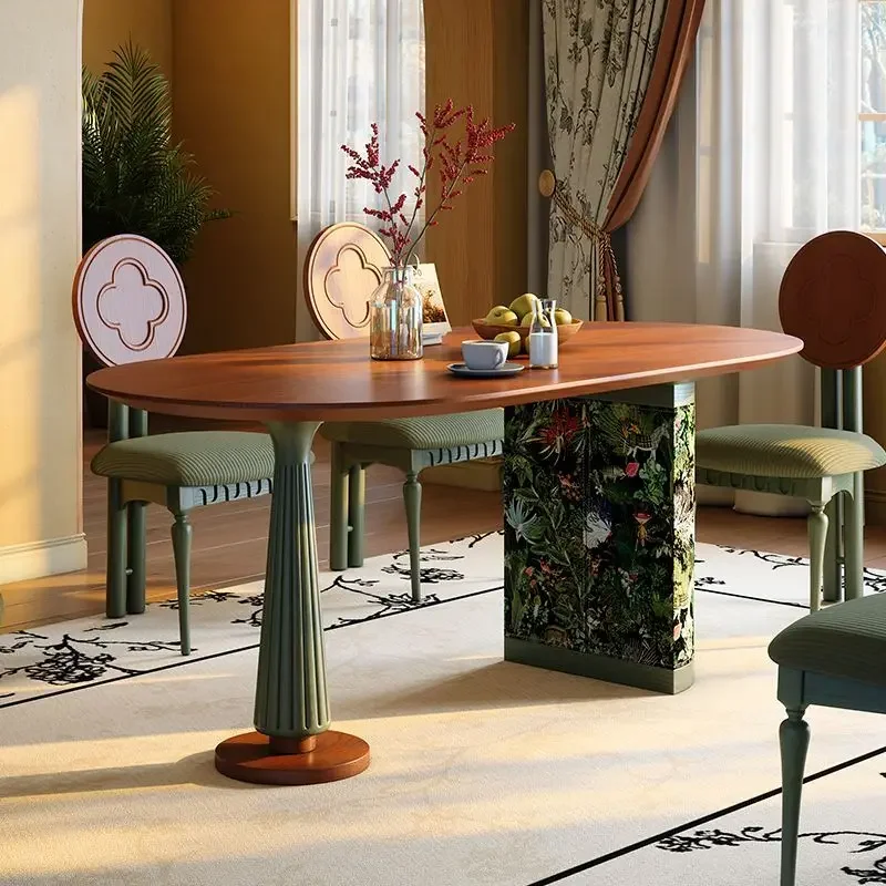 

French retro oval table dining table and chairs small apartment, dining table