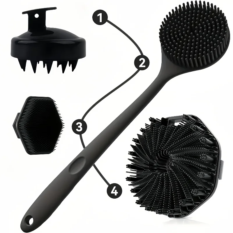 4PCS Long Handle Silicone Bath Brush Set for Body Back Face Gentle Exfoliating Massage Deep Cleaning with Non Slip Grip