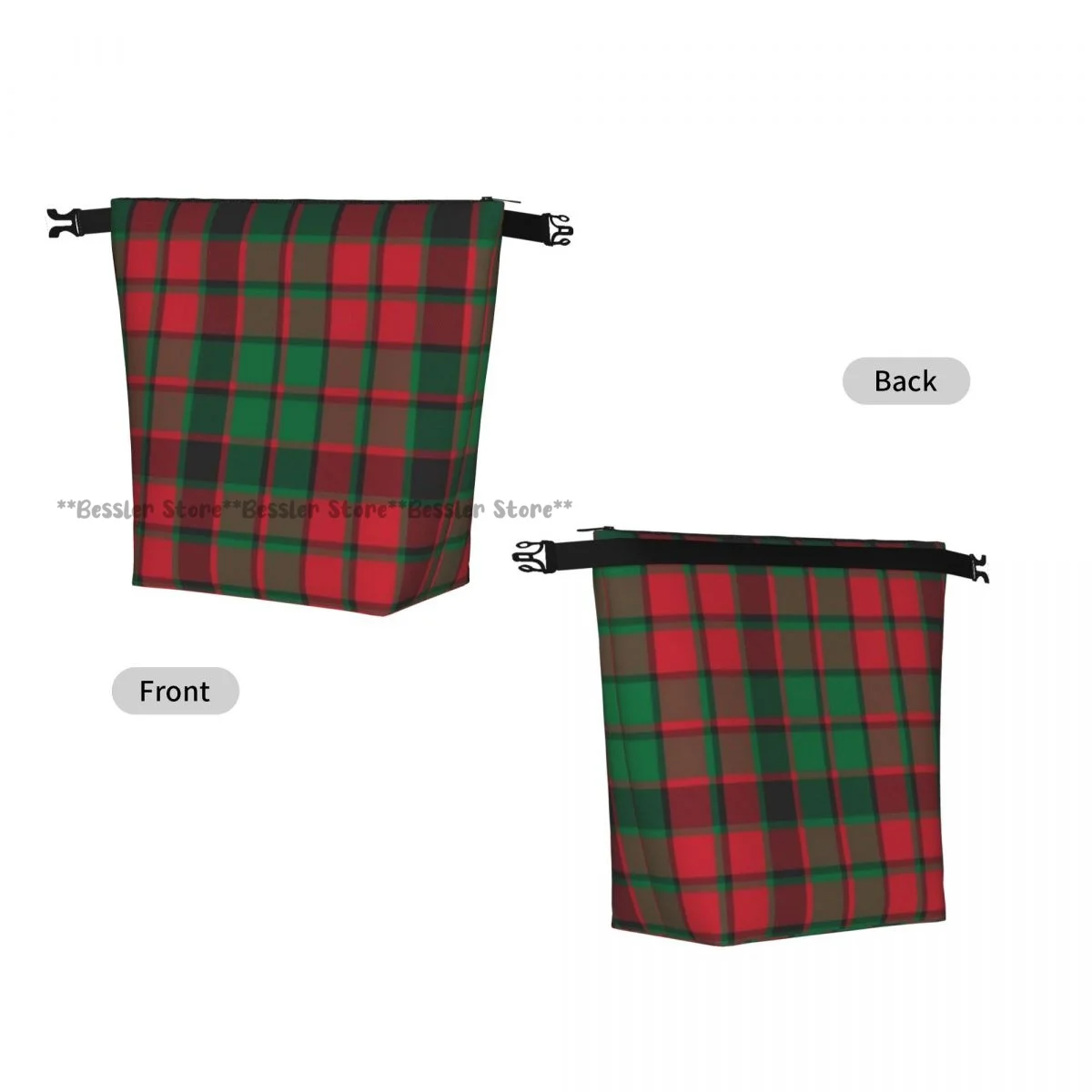 Portable Roll-top Insulated Cooler Lunch Bag Plaid Checkered Tartan Christmas Print Thermal Food Bag for Travel Outdoor Camping