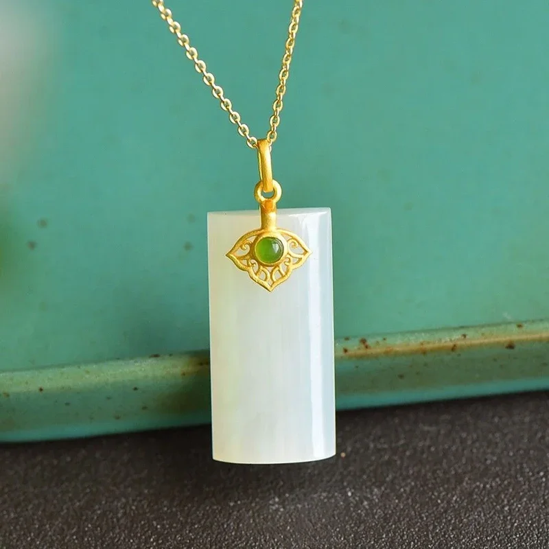 Ancient gold craft inlaid natural Hetian white jade necklace pendant exquisite light luxury women's custom new in jewelry