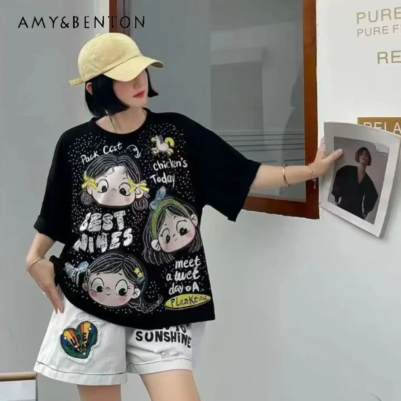 

Summer Loose Fit Versatile Cartoon Girl Hotfix Rhinestone Print Short Sleeved T-shirt Women's Top Trendy Crew Neck Tees Pullover