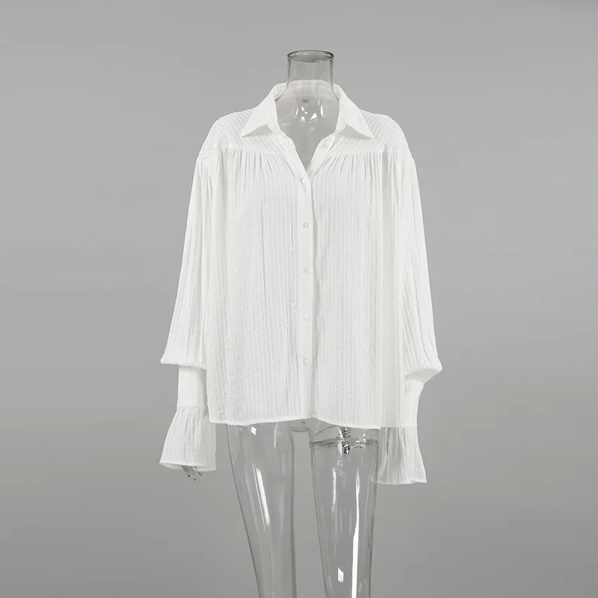 Camicia corta elegante bianca nuova chic da donna Manica lunga svasata a petalo Bavero con volant a pieghe Camicia monopetto dolce a-line Top